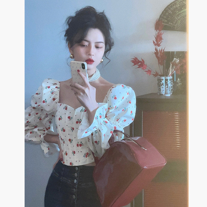 Slim Fit Square Neck French Puff Sleeve Shirt