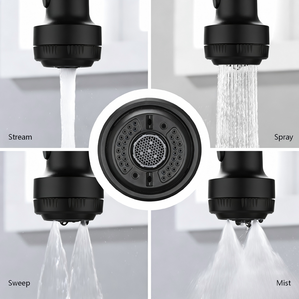 Kitchen Faucet with Pull Down Sprayer and 4 Spraying Modes Single Handle Commercial Spring Kitchen Sink Faucet Matte Black 1 or 3 Hole