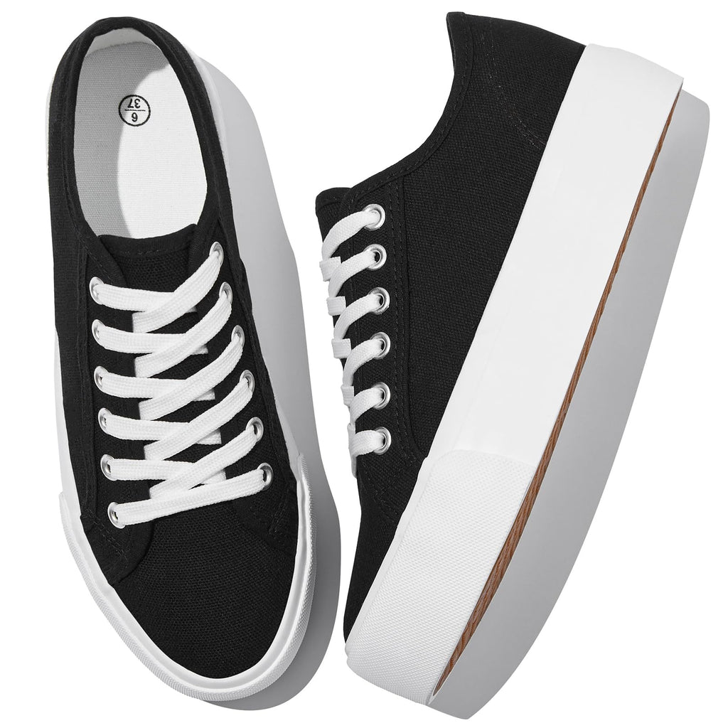Waluzs Platform Sneakers for Women Low Top Platform Shoes Lace Up Womens Canvas Shoes Breathable White Tennis Shoes (BlackUS9)