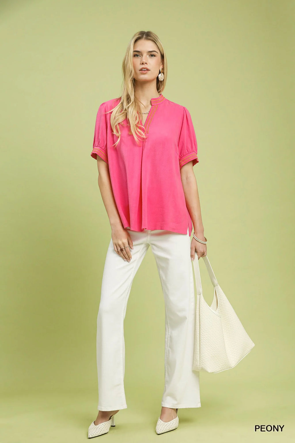 Umgee Embroidery Linen Puff Sleeve Blouse