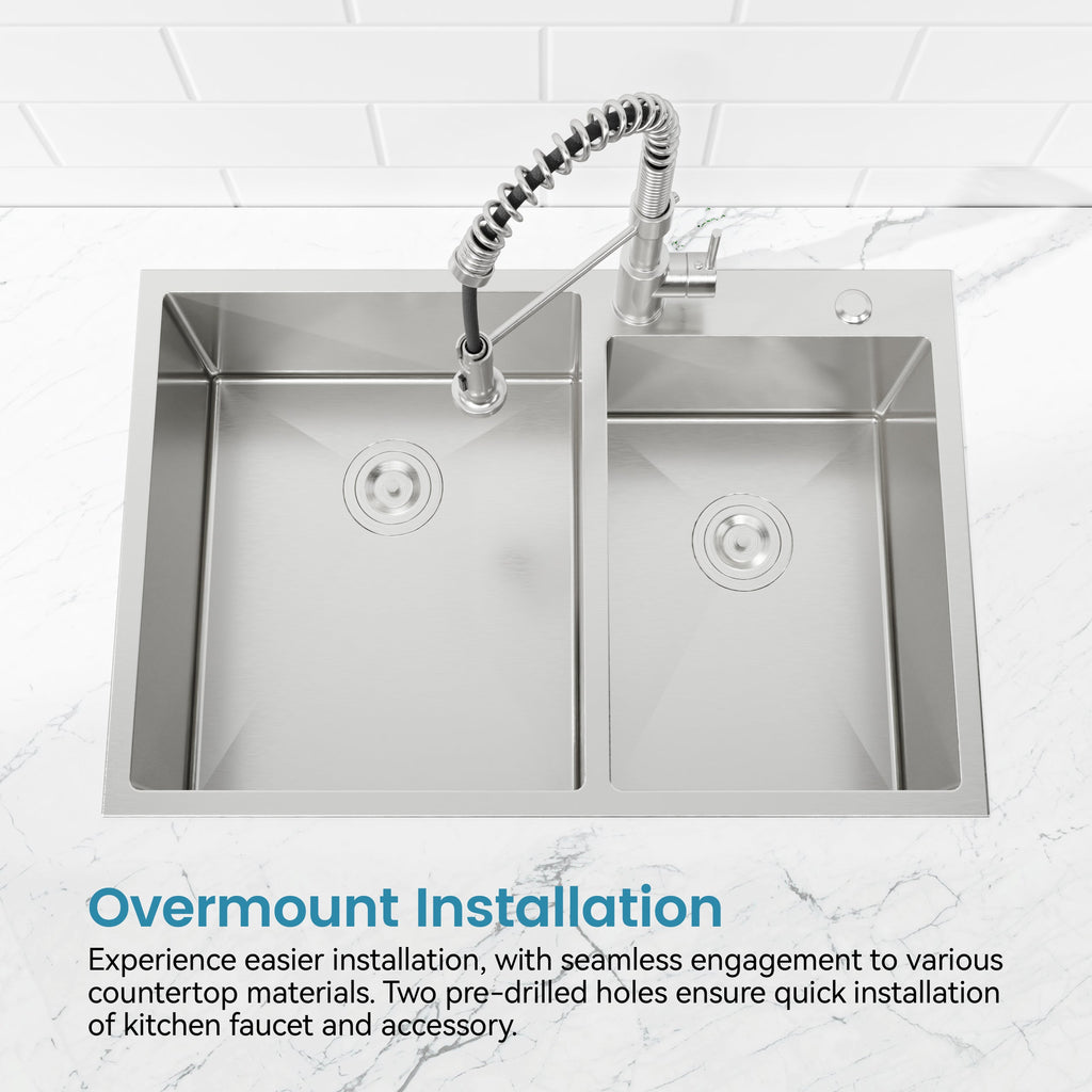 33'x19' Embedded Double Bowl Kitchen Sink, Overmount Handmade Sink in Brushed (Sink only)