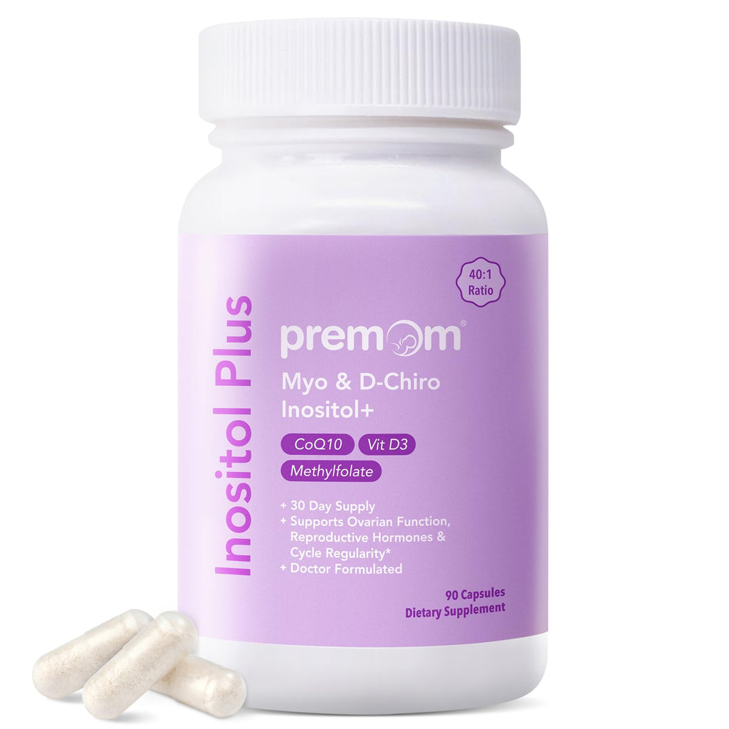 Premom Inositol Plus - 2000mg Myo-Inositol & 50mg D-Chiro Inositol CoQ10 Folate & Vitamin D3-40:1 Ratio - Supports Hormonal Balance Ovarian & Reproductive Health - 30 Day Supply