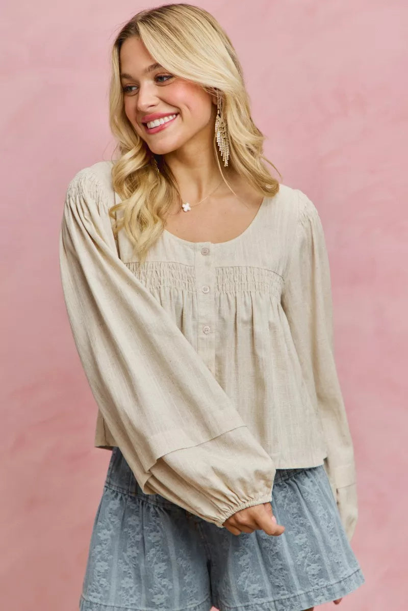 SO ME Linen Blend Woven Long Sleeve With Smocking Top