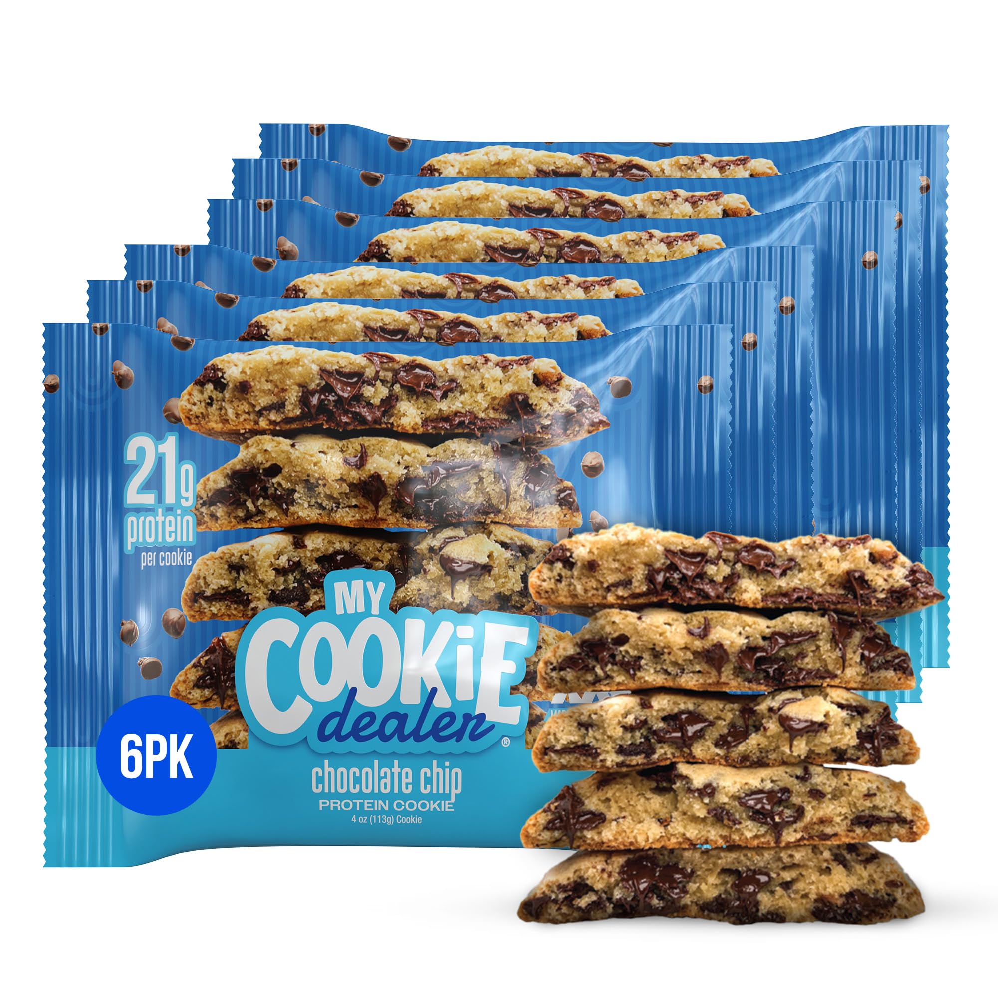 My Cookie Dealer Protein Cookies Chocolate Chip (6-Pack 4oz Cookie) - 21g Protein per Cookie (Made with RAW Nutrition Protein) - Individually Wrapped Travel Snacks