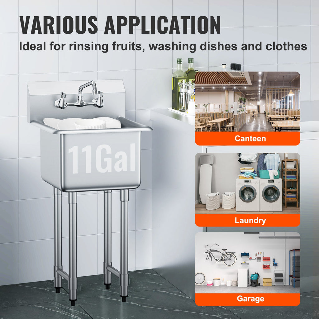 Stainless Steel Prep & Utility Sink, 1 Compartment Free Standing Small Sink Include Faucet & legs, 18'x41' Commercial Single Bowl Sinks for Garage, Restaurant, Kitchen, Laundry