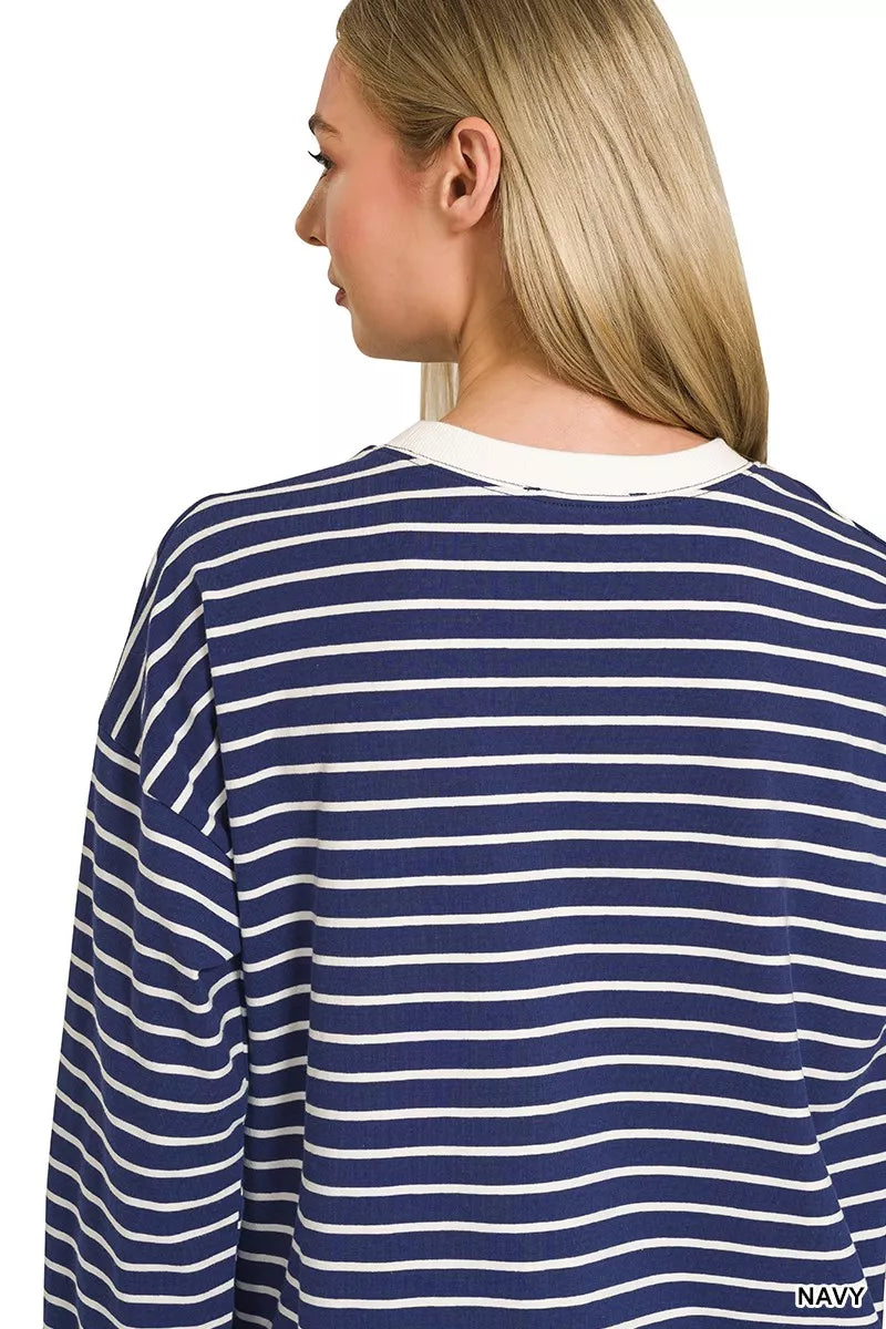 Zenana Contrast Striped Round Neck Sweatshirt