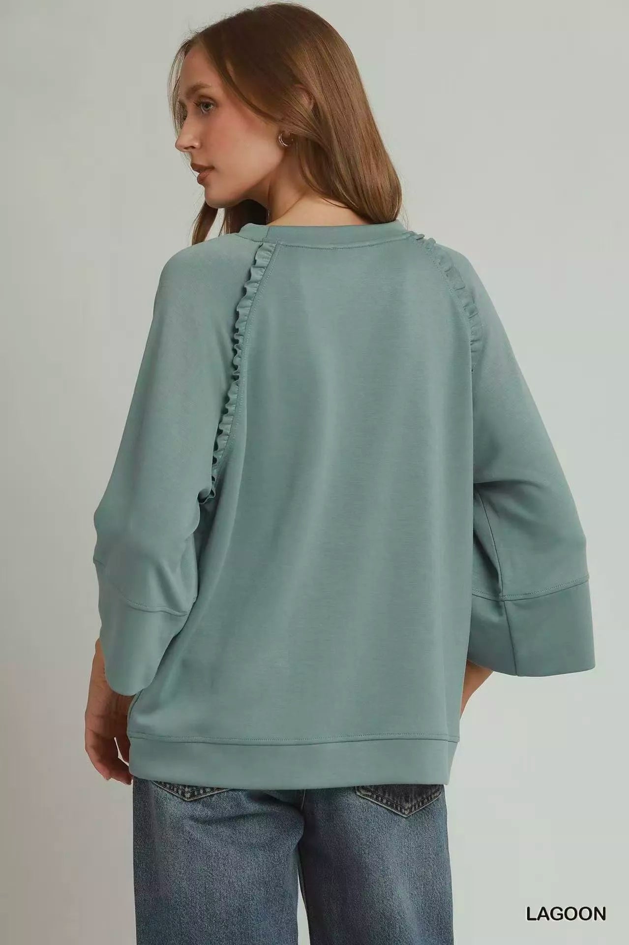 Umgee Ruffle Trim 3/4 Raglan Sleeve Top