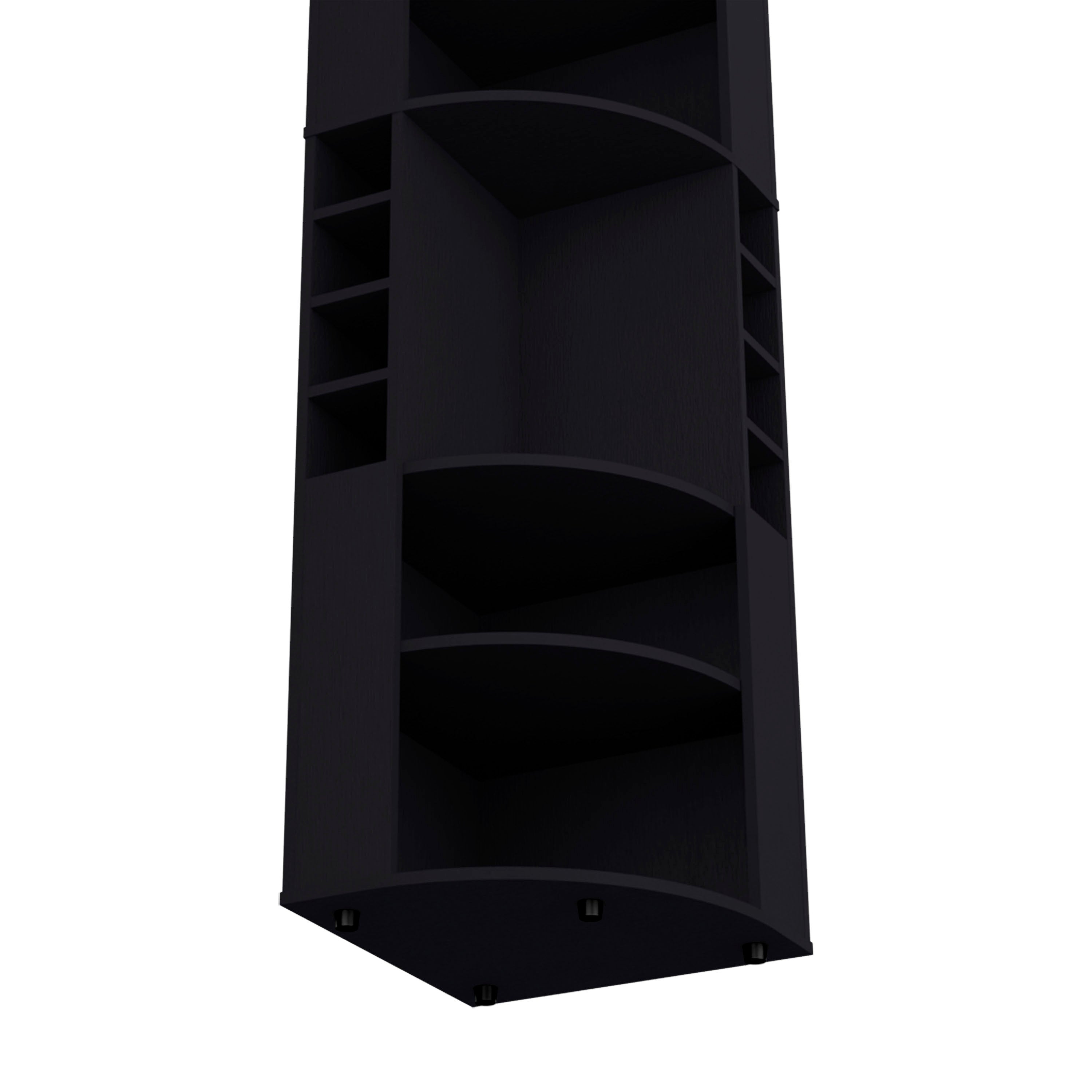 Oban Corner Bar Cabinet with Five Shelves , Eight Bottle Cubbies and Steamware Black