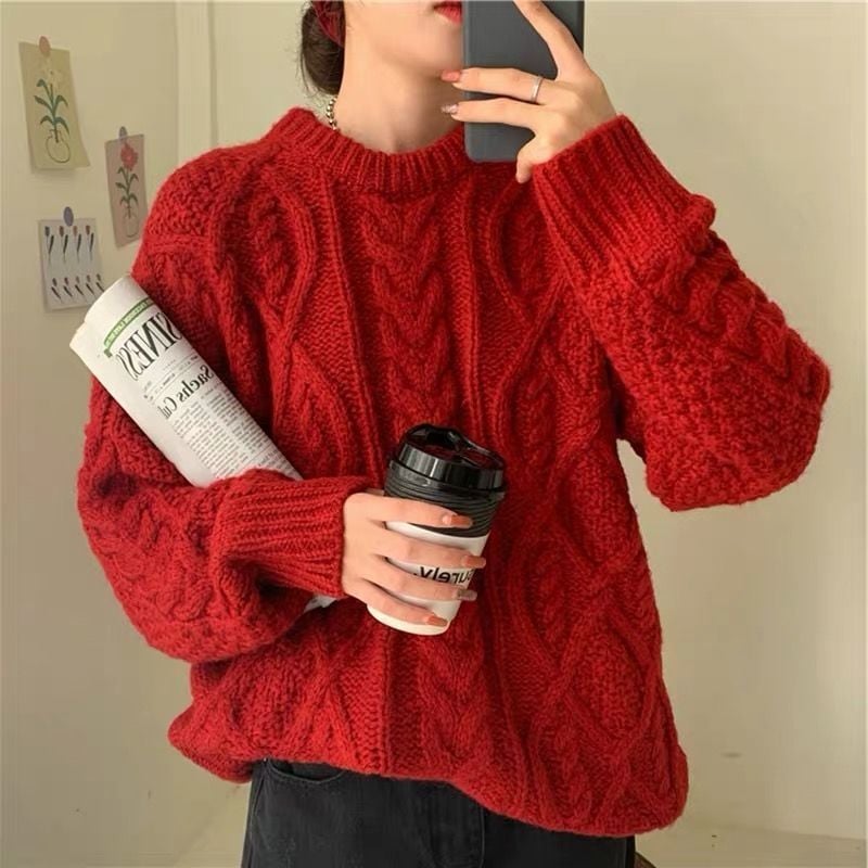 Retro Saint Red Twist Loose Knit Sweater for Women