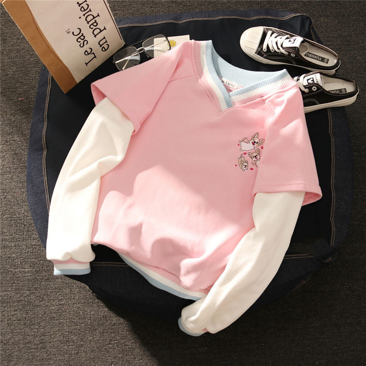 V-Neck Sweater with College Stitching Two-Piece Design