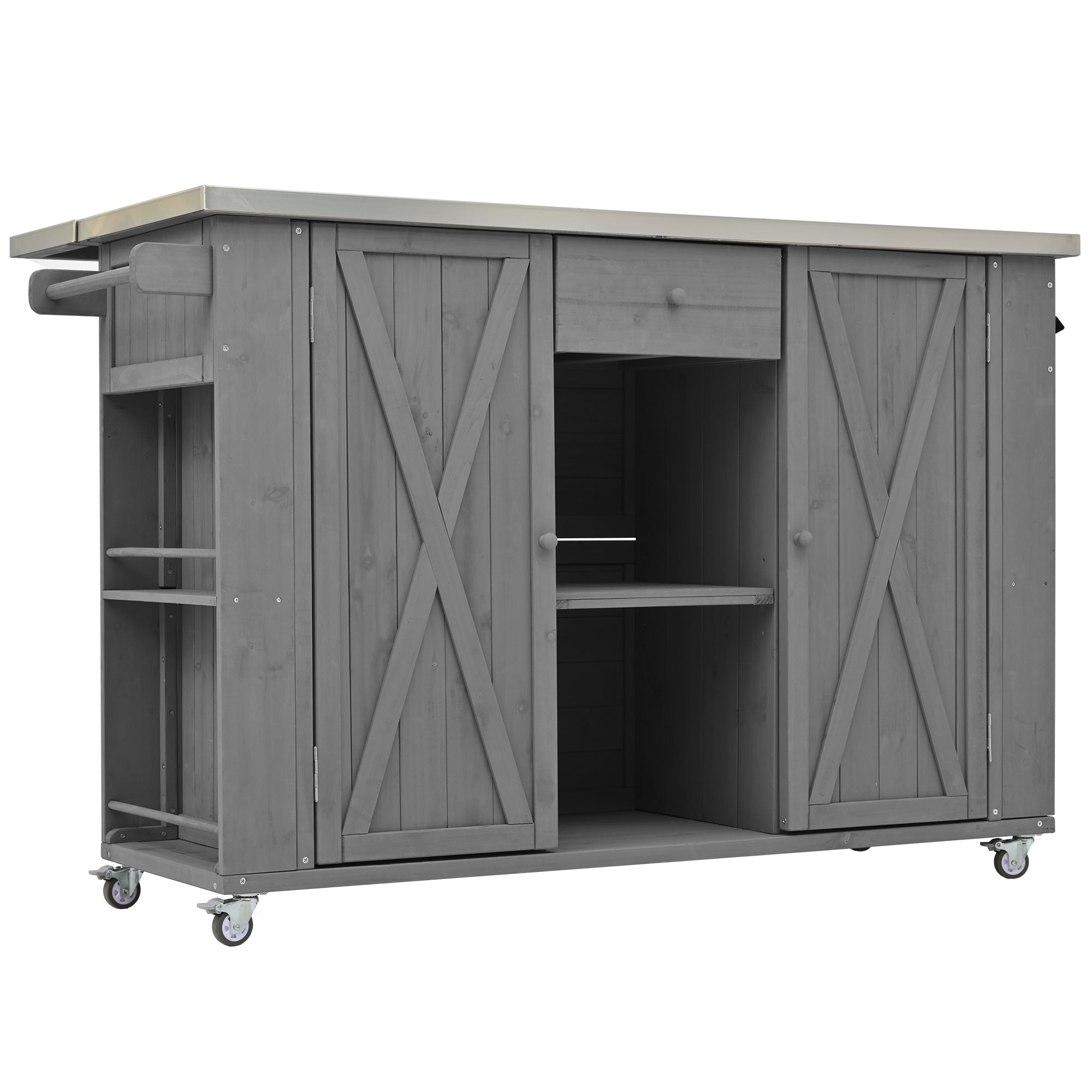 Outdoor Kitchen Island Fir Wood Kitchen Island with Stainless Steel Top, Ample Storage, Towel and Spice Racks, Bottle Opener, Grey