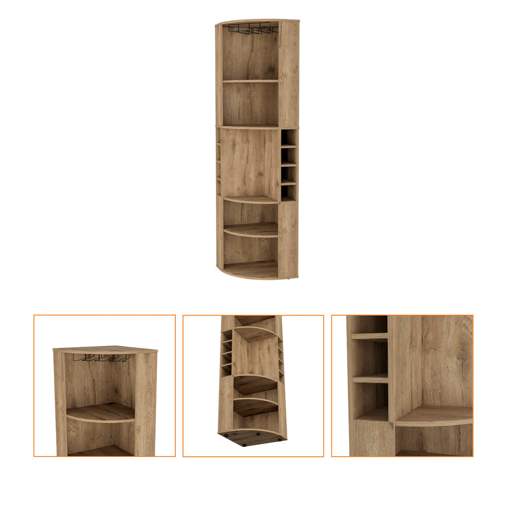 FM FURNITURE Clifton Corner Bar Cabinet, with 5 shelves,Cup Hanger and Eight Built-in Wine Rack,Macadamia