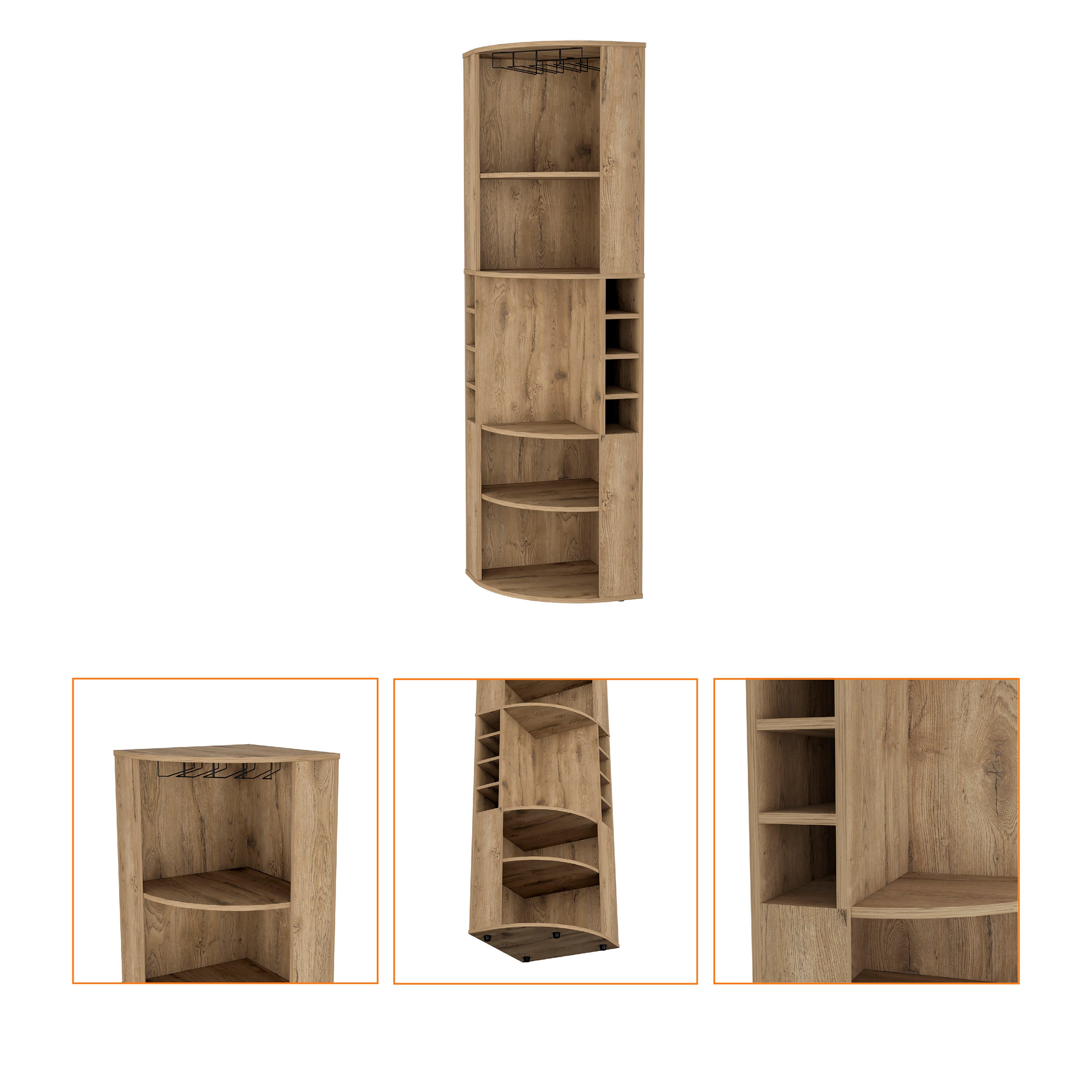 FM FURNITURE Clifton Corner Bar Cabinet, with 5 shelves,Cup Hanger and Eight Built-in Wine Rack,Macadamia