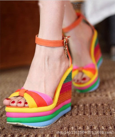 Summer New Rainbow Thick Sole Wedge Sandals for Women