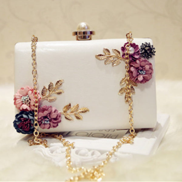 Women's Leather Evening Clutch Bag with Floral Design