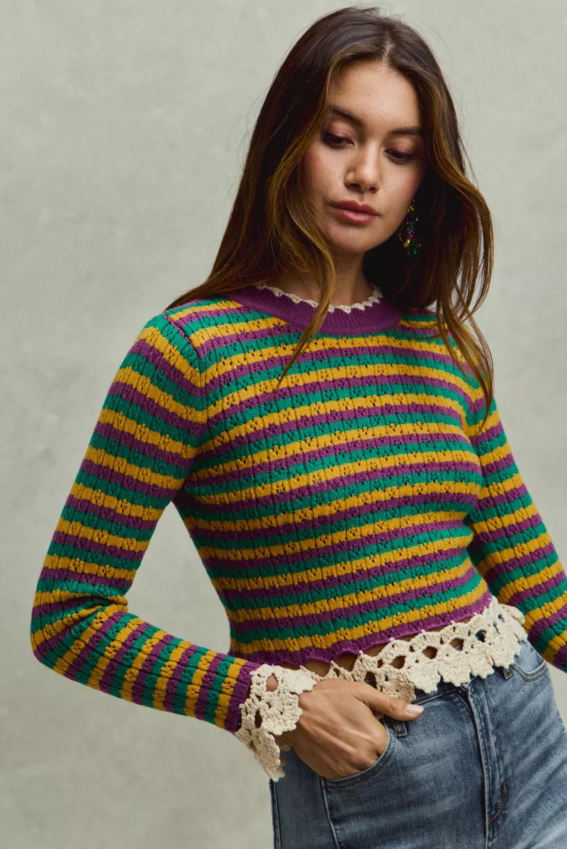 SO ME Mardi Gras Striped Cropped Knit Top with Crochet Edge