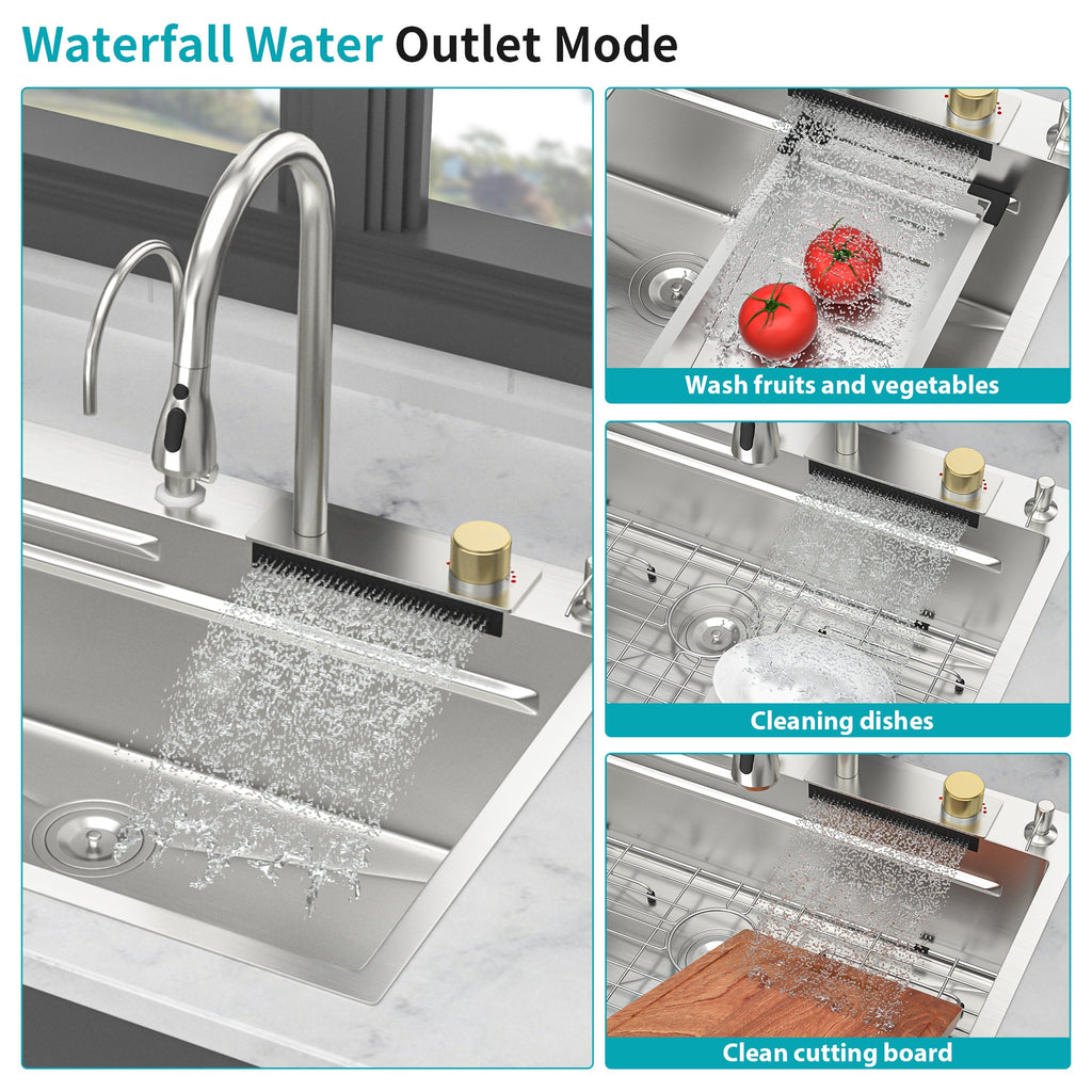 33*22 inch Brushed Nickel 33' Waterfall Kitchen Sink with Pull-Out Faucet & Cup Washer, Stainless Steel Ledge Workstation