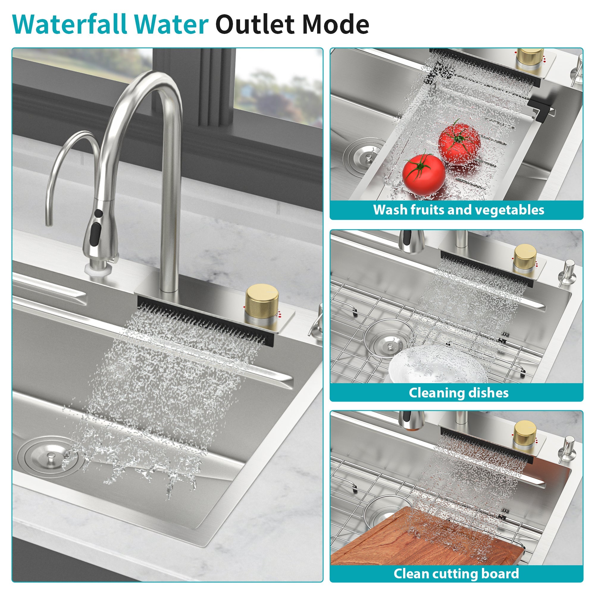 33*22 inch Brushed Nickel 33' Waterfall Kitchen Sink with Pull-Out Faucet & Cup Washer, Stainless Steel Ledge Workstation
