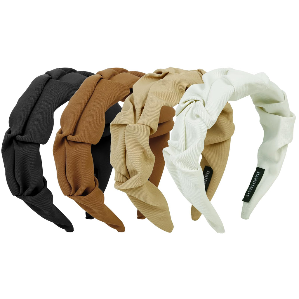 WOVOWOVO Knotted Headbands for Women Girls Ruched Wide Hairbands Fashion Non Slip Head Bands for Womens Hair Ruffled Fabric Hair Hoop Black White Brown Hair Accessories 4Pcs
