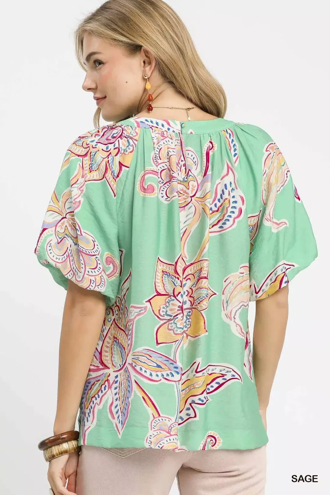 Umgee Paisley Print Puff Sleeve Top