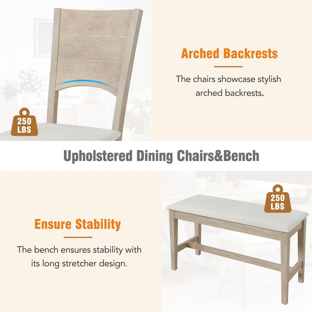 TOPMAX Modern Style Natural Wood 6-Piece Dining Table Set with Bench and Chairs, Upholstered Seats, Rubberwood Frame