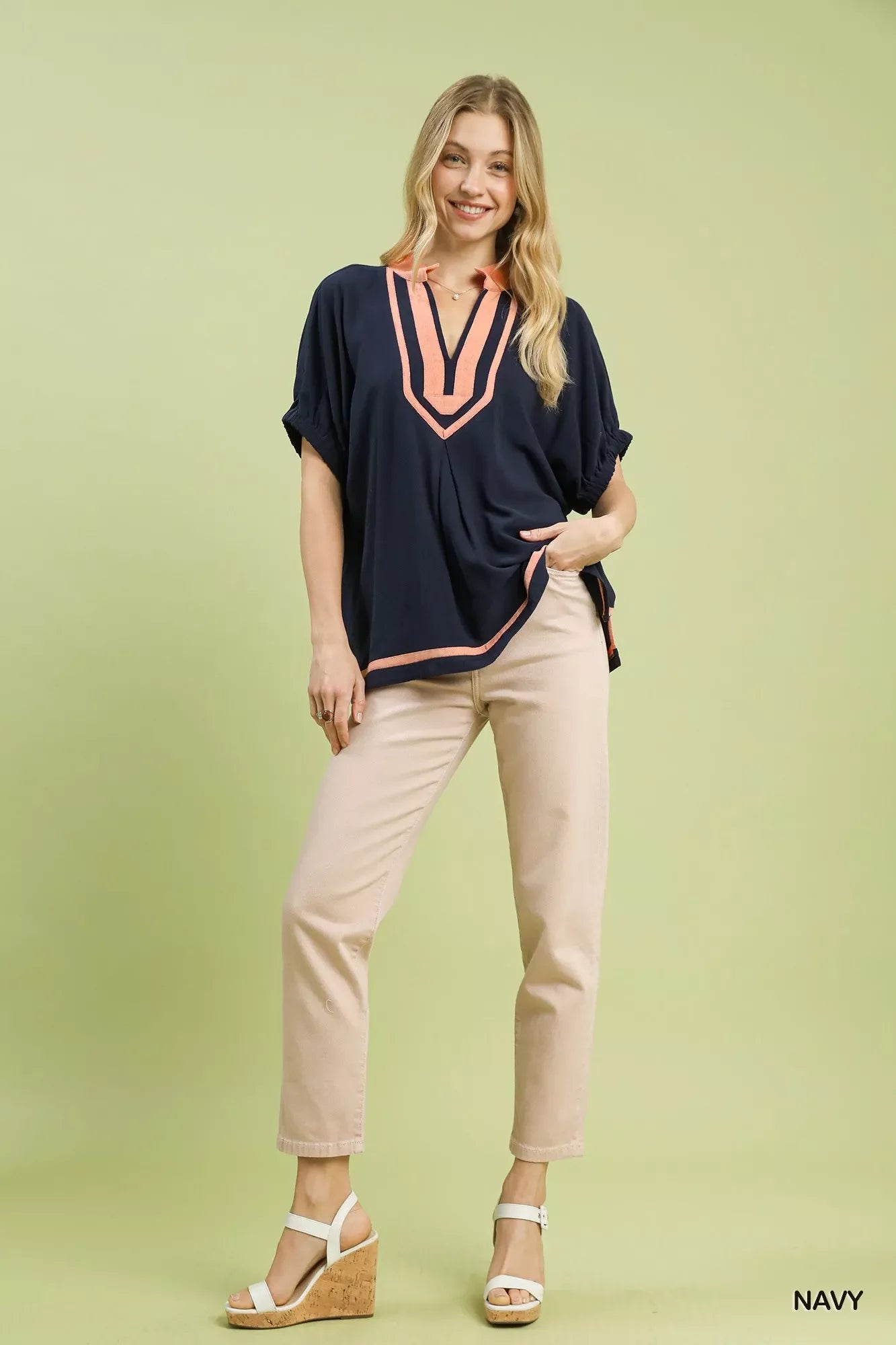 Umgee Linen Contrast Trim V-Neck Blouse