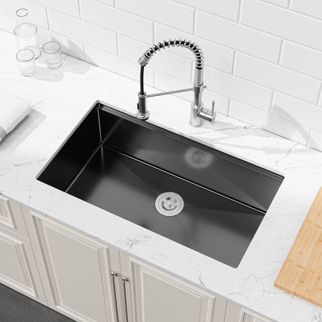 Kitchen Sink 33'x19' Multifunctional undermount Flying Rain Waterfall S304 Stainless Steel Handmade Modern Single Bowl Kitchen Sink Black