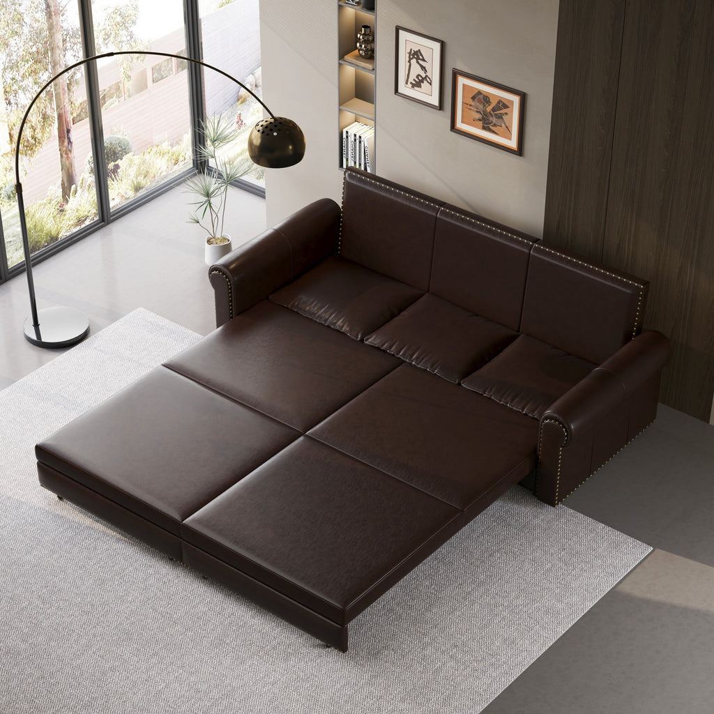 93.7 ' Pull Out Sofa Bed, 3-in-1 Faux Leather Convertible Sleeper Sofa with Nailhead Trim & Rolled Arm,Multi-Functional Sofa Bed for Living Room,Bedroom,Apartment,Office