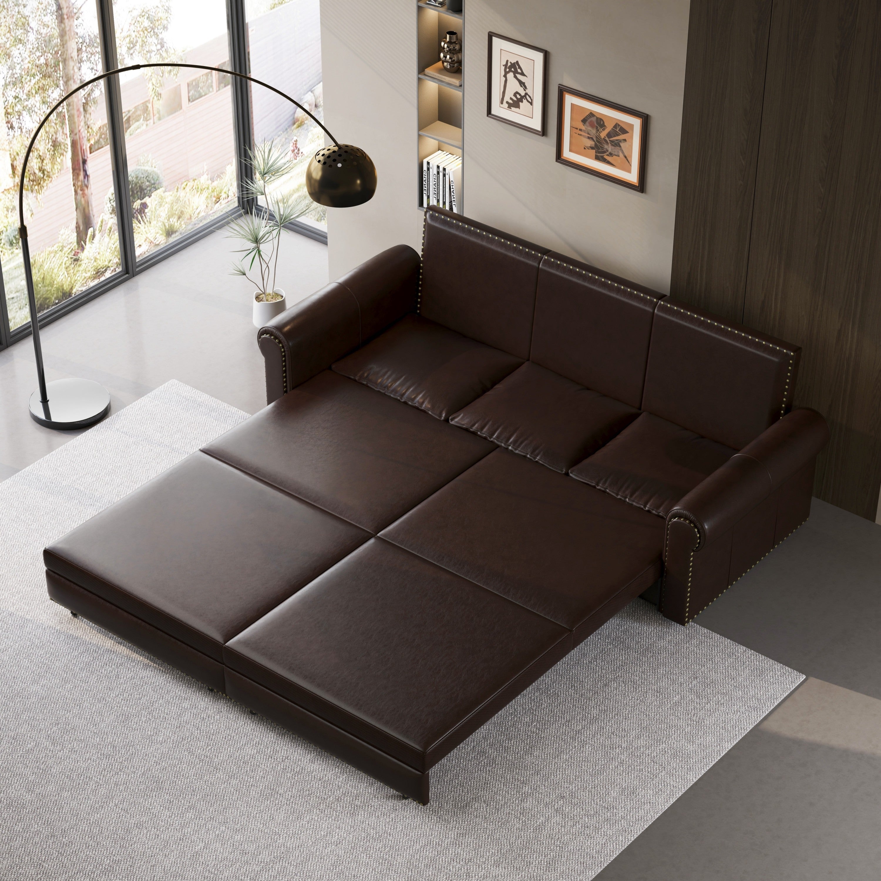 93.7 ' Pull Out Sofa Bed, 3-in-1 Faux Leather Convertible Sleeper Sofa with Nailhead Trim & Rolled Arm,Multi-Functional Sofa Bed for Living Room,Bedroom,Apartment,Office