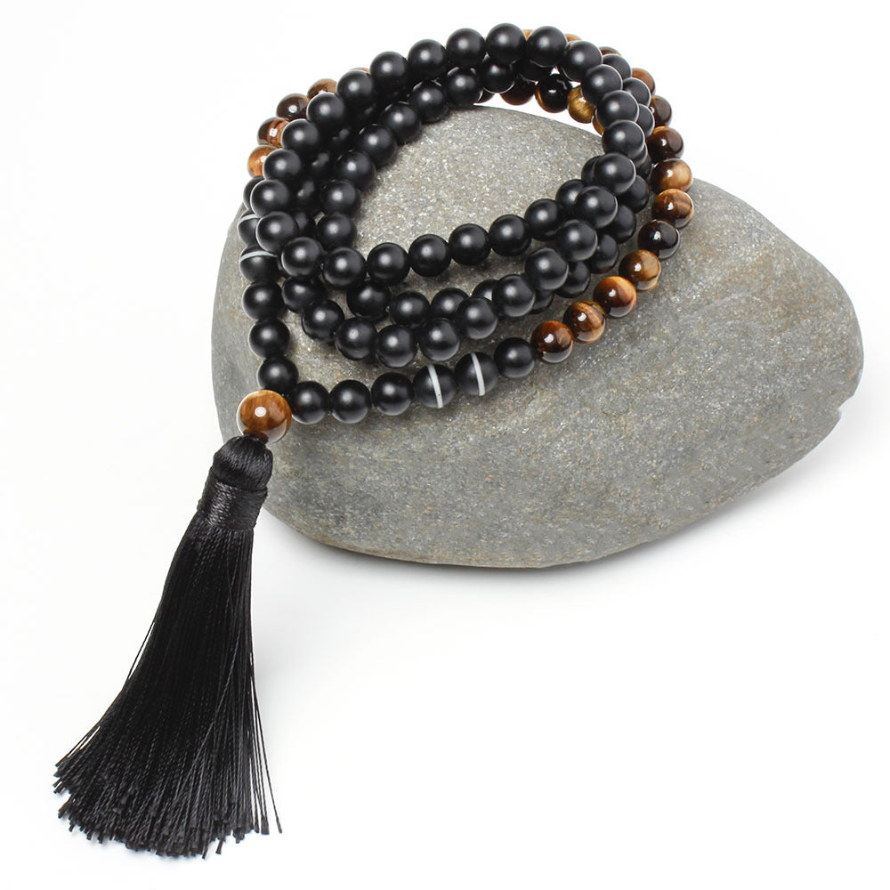 New Black Onyx Bead Necklace with Tiger Eye Tassel