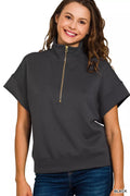 Zenana Full Size Scuba High Neck Half Zip Short Sleeve Top Plus Size