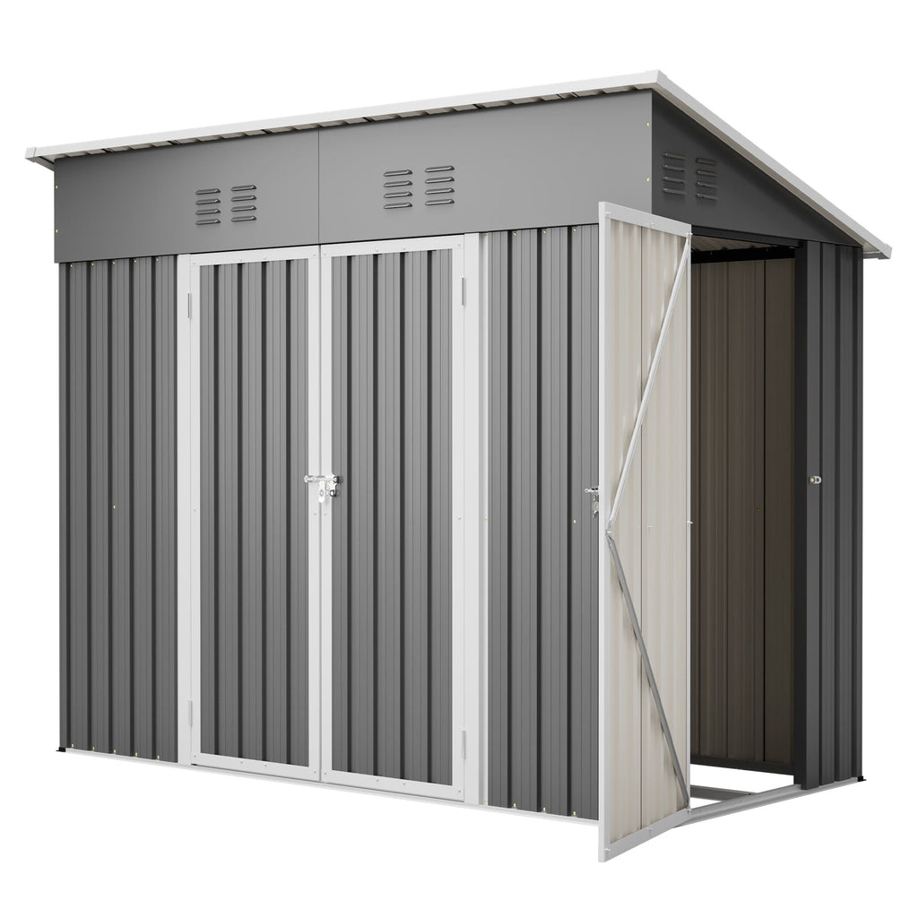 4x8 Slope-Roof Reinforced Storage Shed with Weatherproof Sloping Roof & 4 Air Vents, Heavy-Duty Sturdy Metal Frame, Left/Right Optional Door, Outdoor Tool Shed Warehouse for Garden Storage Pet House