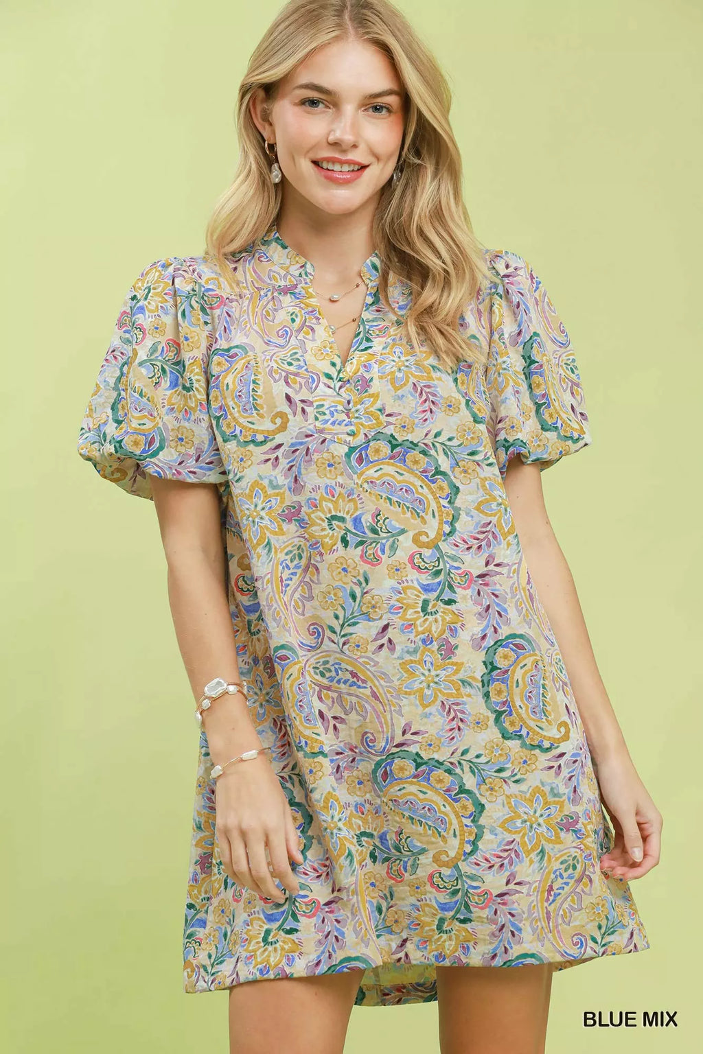 Umgee Paisley Floral Puff Sleeve Shift Dress