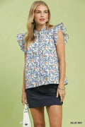 Umgee Floral Print Ruffle  Cap Sleeve Shirt