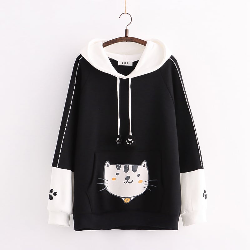 Color Matching Cat and Fish Print Long Sleeve Hoody