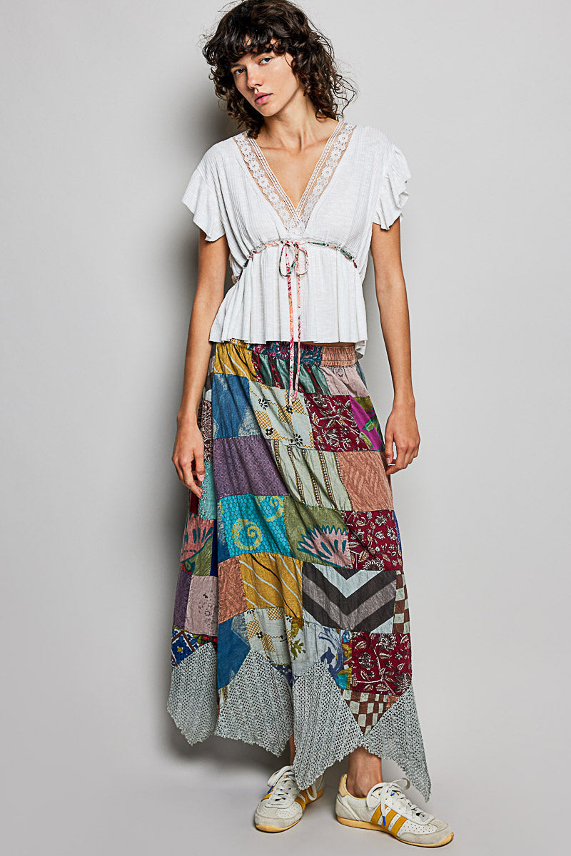POL Tied Ruffled V-Neck Short Sleeve Blouse with Lace Detail