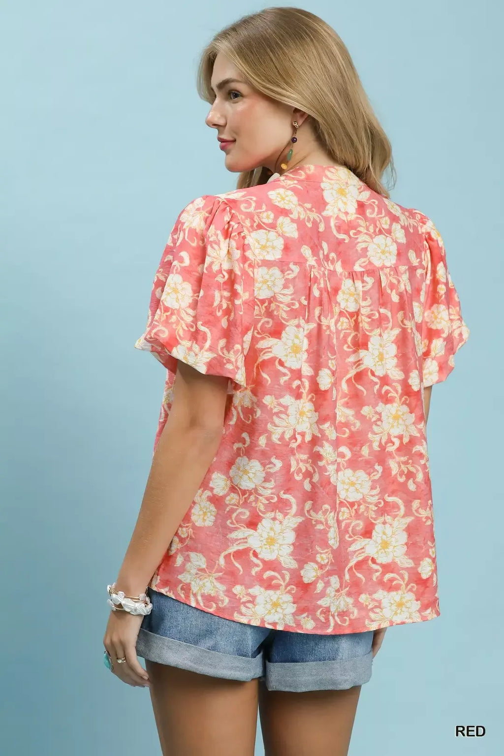 Umgee Floral Button-Front Short Sleeve Shirt