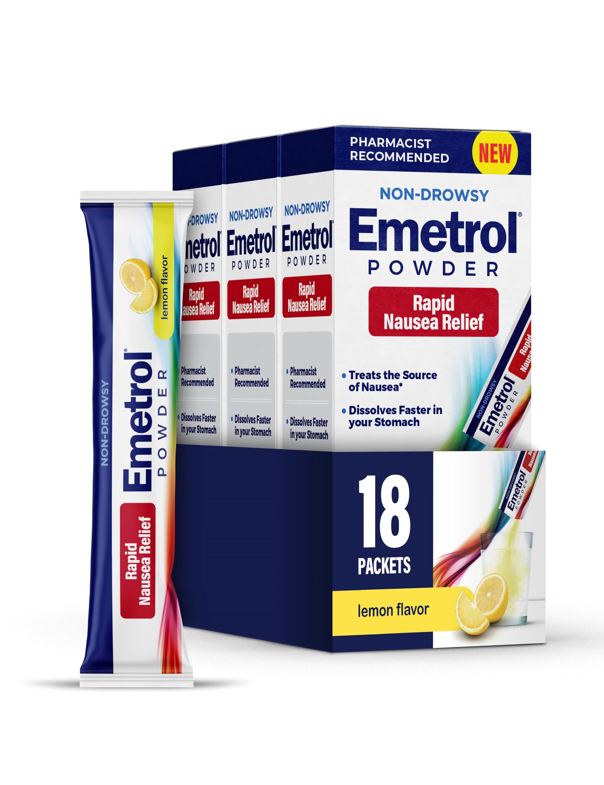 Emetrol Non-Drowsy Nausea Relief Powder Mix - Electrolyte Drink Mix for Rapid Upset Stomach & Nausea Relief Morning Recovery & Hydration - Lemon Flavor - 3 Pack x 6 Packets