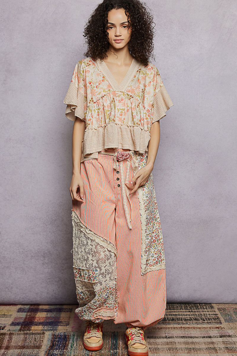 POL Floral Print V-Neck Woven Blouse with Gentle Gathers