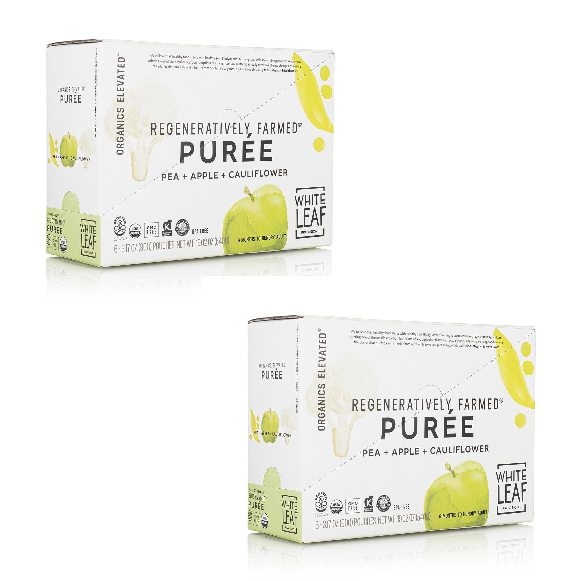 White Leaf Provisions Biodynamic & Organic Baby Food Pouches - USDA GMO & BPA Free Squeezable Toddler Snacks - 24 x 90 grams (24 Pouches Pea + Apple + Cauliflower)