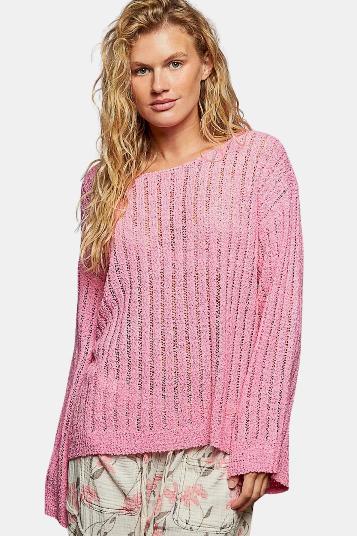 POL Round Neck Long Sleeve Open Weave Sweater
