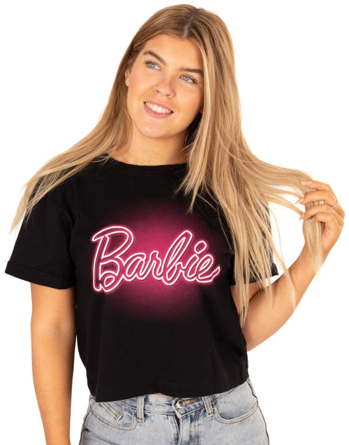 Barbie Cropped T-Shirt for Women | Ladies Doll Neon Pink Logo Black Top Clothes Merchandise XXX-Large