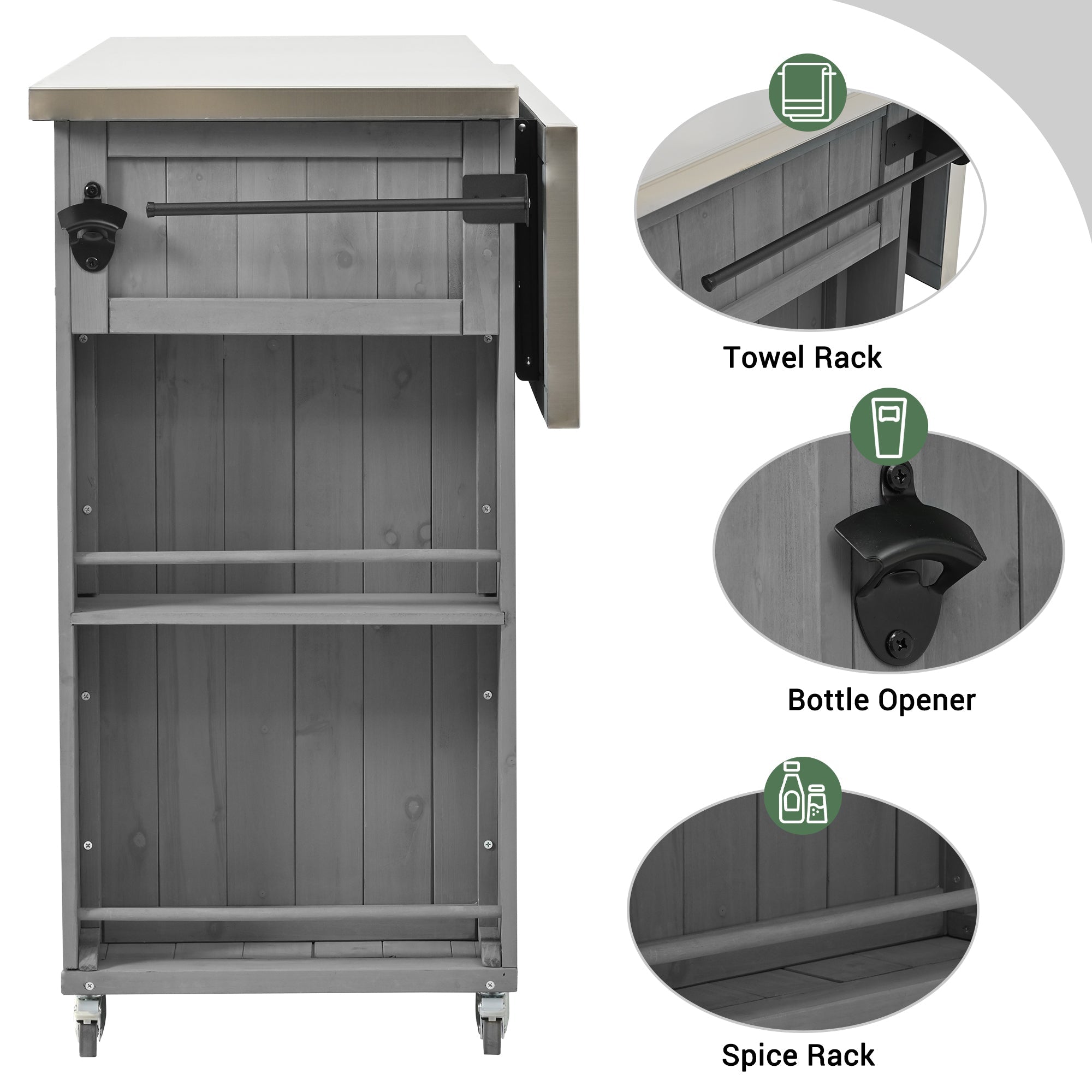 Outdoor Kitchen Island Fir Wood Kitchen Island with Stainless Steel Top, Ample Storage, Towel and Spice Racks, Bottle Opener, Grey