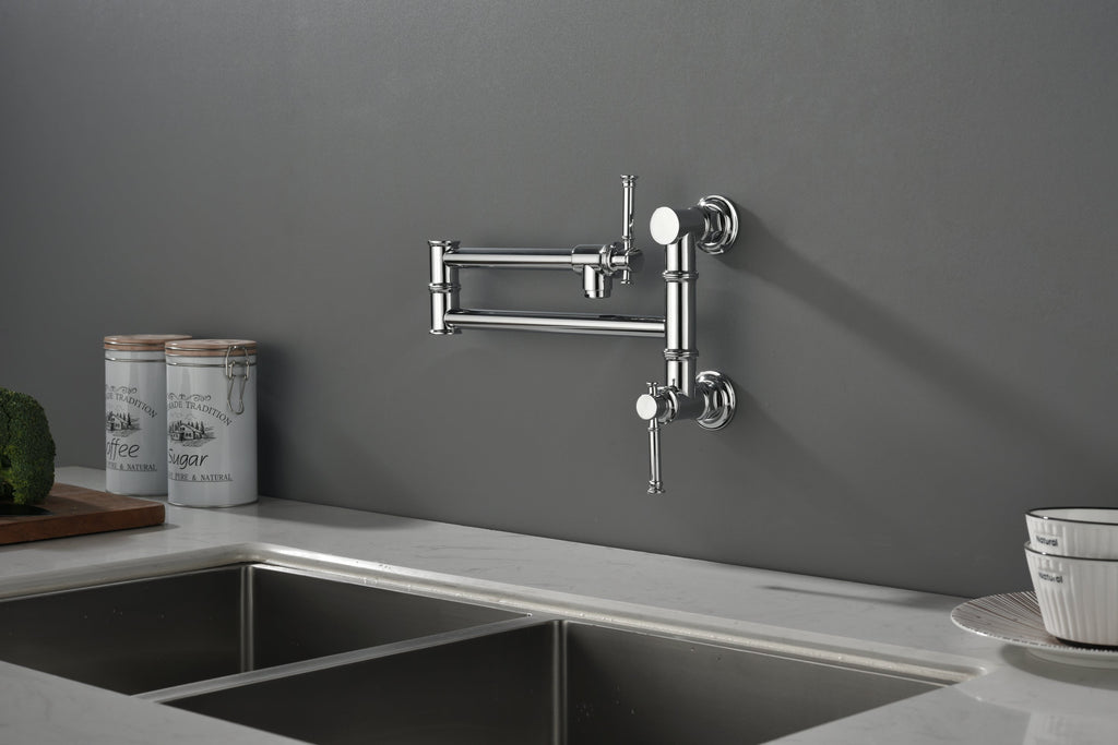 Wall mounted Pot Filler Faucet, Modern Brass Pot Filler Two-Attachment Wall Mount Folding Kitchen Pot Filler Swing Arm