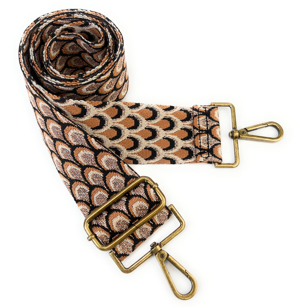 VersaKits Purse Straps Replacement Crossbody Brown Peacock Print 2 Inch Extra Wide with Bronze Buckles Gold Thread Adjustable Shoulder Guitar Strap for Crossbody Bag Purse Handbag