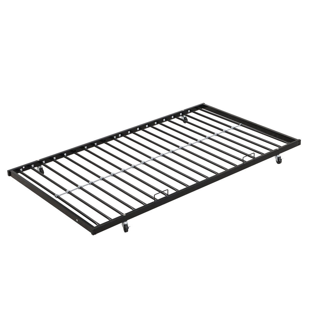 Modern Twin Over Full Metal Bunk Bed with Trundle and Dual Side Ladder, Black & Brown MDF and Metal Design, Easy Assembly
