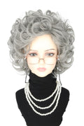 LeMarnia Old Lady Wig Costume Set for Women Short Curly Silver Grey Granny Wig for Cosplay Old Woman Wig Halloween Party Wig