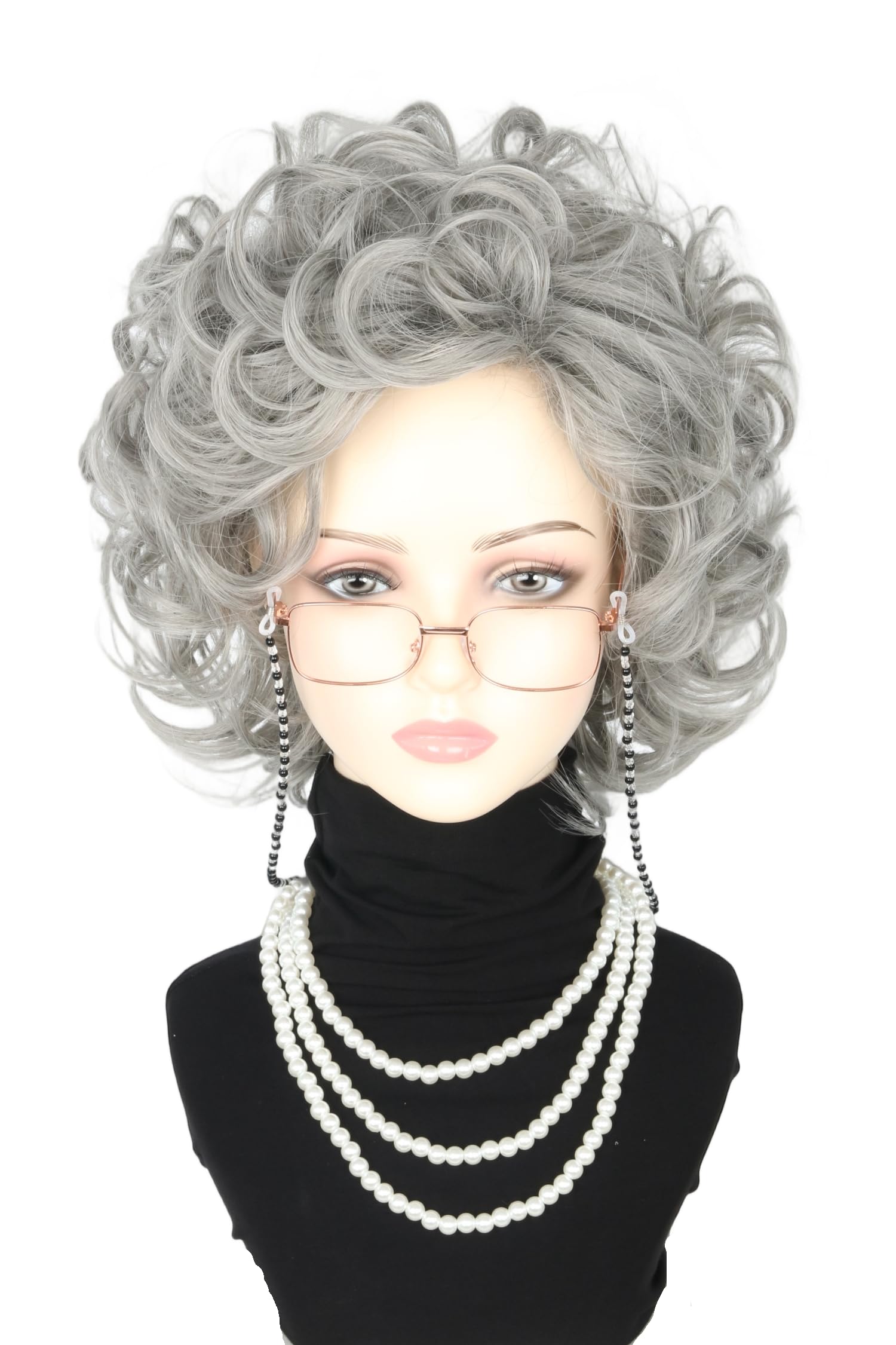 LeMarnia Old Lady Wig Costume Set for Women Short Curly Silver Grey Granny Wig for Cosplay Old Woman Wig Halloween Party Wig