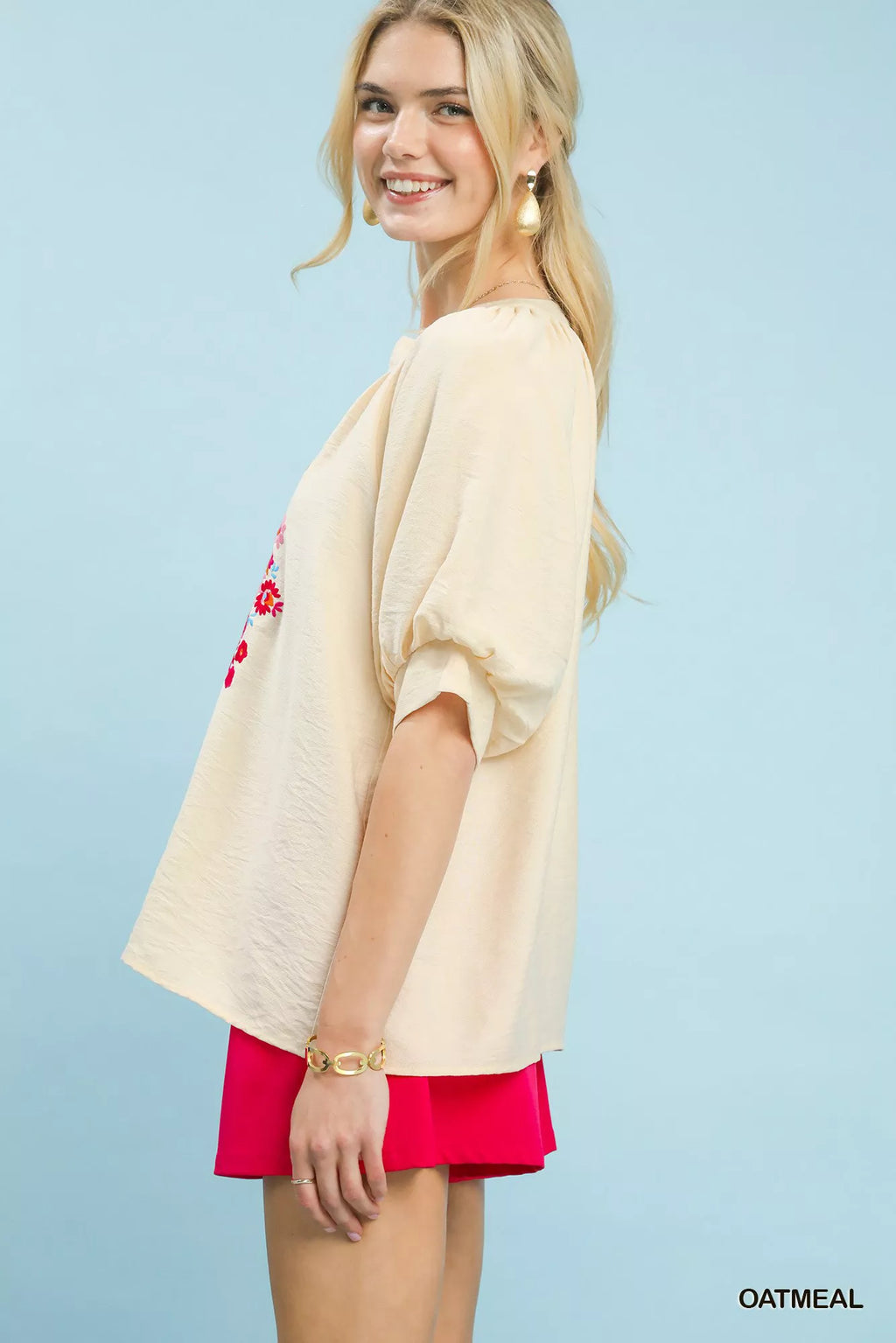 Umgee Embroidered Puff Sleeve Blouse