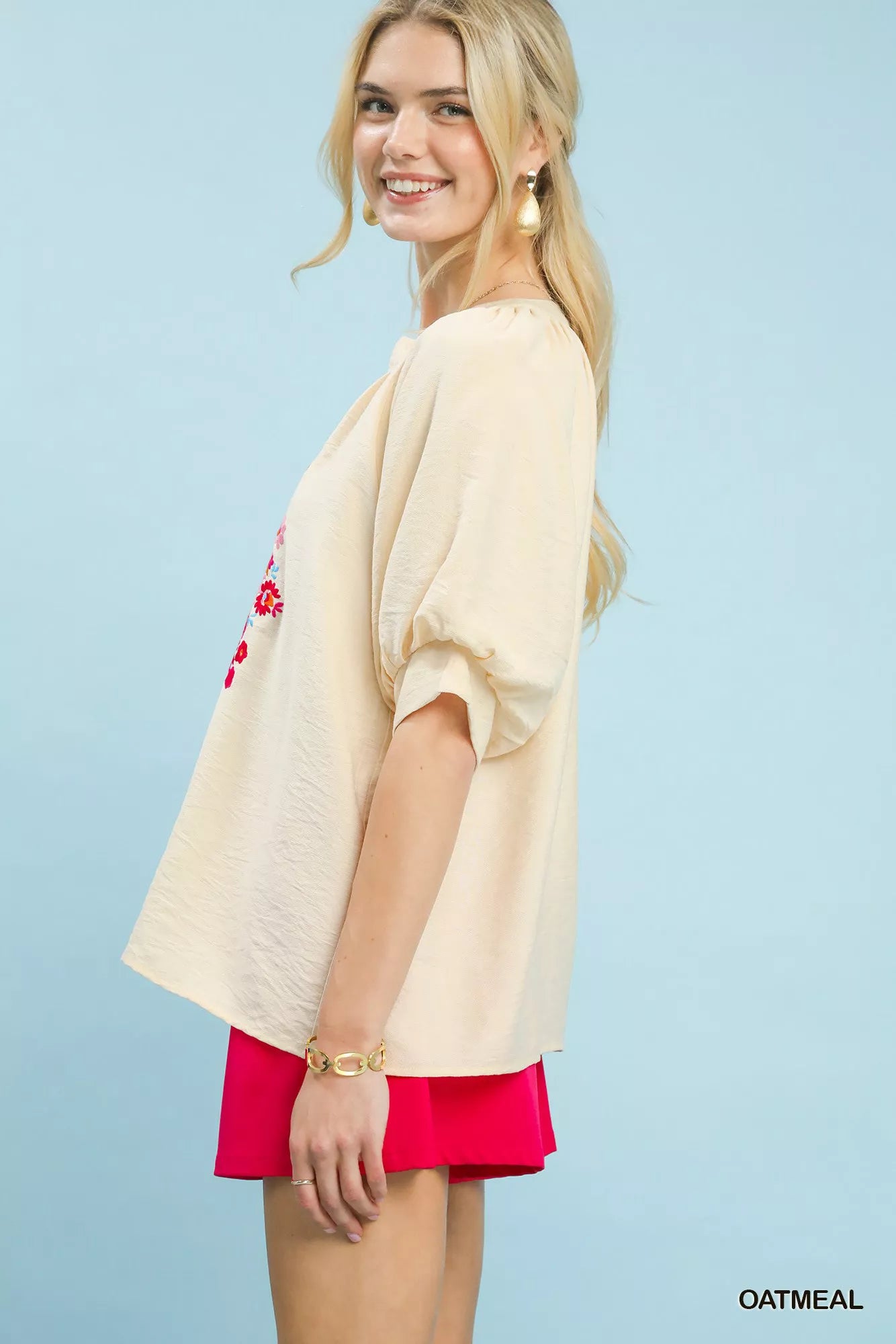 Umgee Embroidered Puff Sleeve Blouse